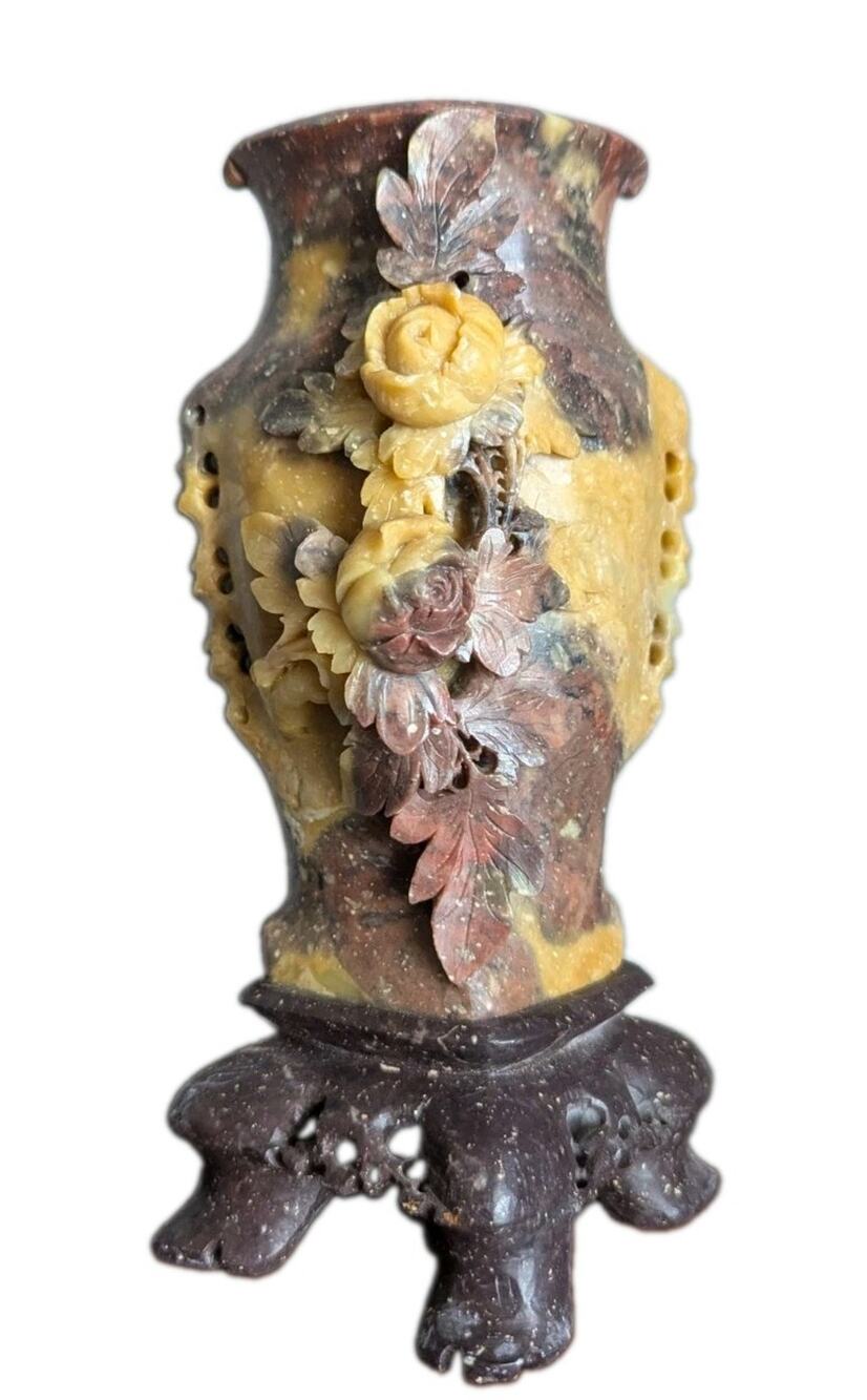 Vtg Chinese Hand Carved Soapstone Vase Pierced Floral Peony Carved Wood Stand 8"